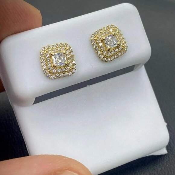 Prime Jewelry 269 Jewelry - Baby Womens  Square Stud Earrings 14K Real Gold Push Back Baguette 2 Row CZ